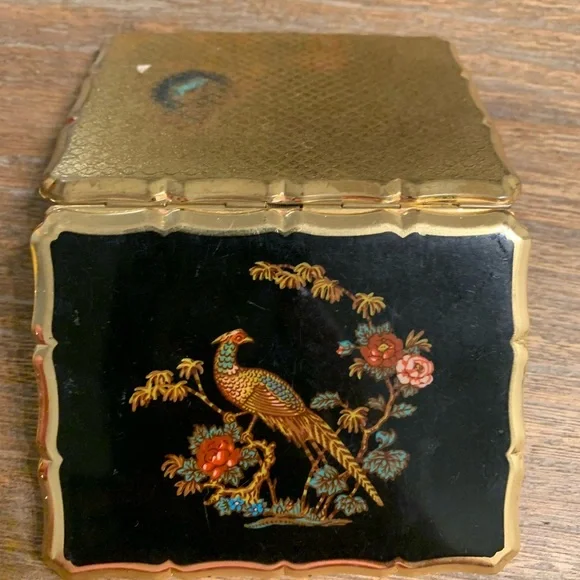 Vintage Stratton Cigarette Case Peacock Floral Design Enamel Black Gold